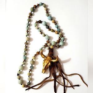 Amazonite jasper natural stones gold steer skull leather tassel necklace beaded